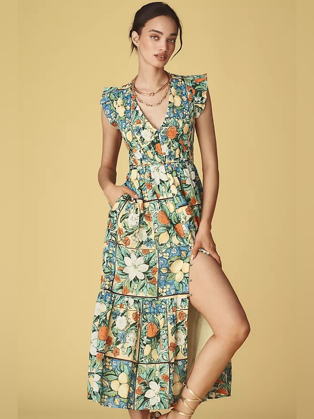 Anthropologie Peregrine Floral Tile Midi Dress in Blue, Green, Orange, Cream